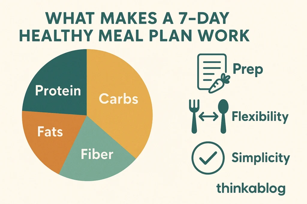 pie chart with protein, carbs, fats, fiber; icons for prep, flexibility, and simplicity